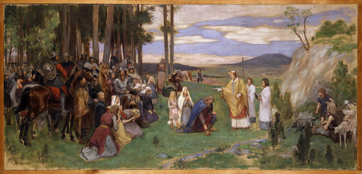 不来梅 (801-865) 的 Anschaire (Oscar) 在斯堪的纳维亚宣讲基督教 - Ansgar Preaching Christian，作者：Pauli, Georg (1855-1935)。 布面油画。 尺寸：64x136 厘米。 斯德哥尔摩国家博物馆 作者 乔治·维尔赫姆·保利