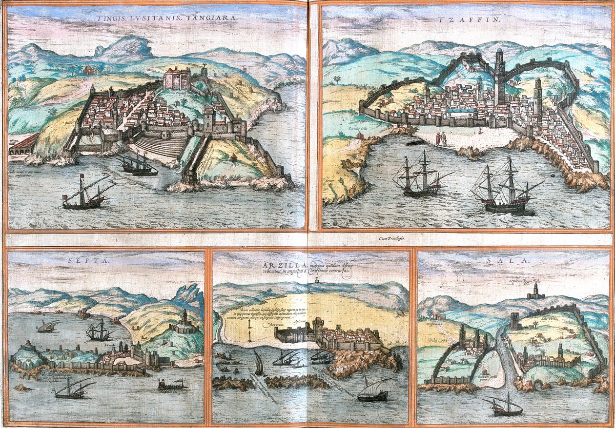 Tangier，Safi，Ceuta，Asilah，Salé，摩洛哥，来自Braun和Hogenberg的Civitates orbis terrarum一书。出版年份1572年，科隆。 作者 乔治·布劳恩（Georg Braun）和弗朗兹·霍根伯格（Franz Hogenberg）