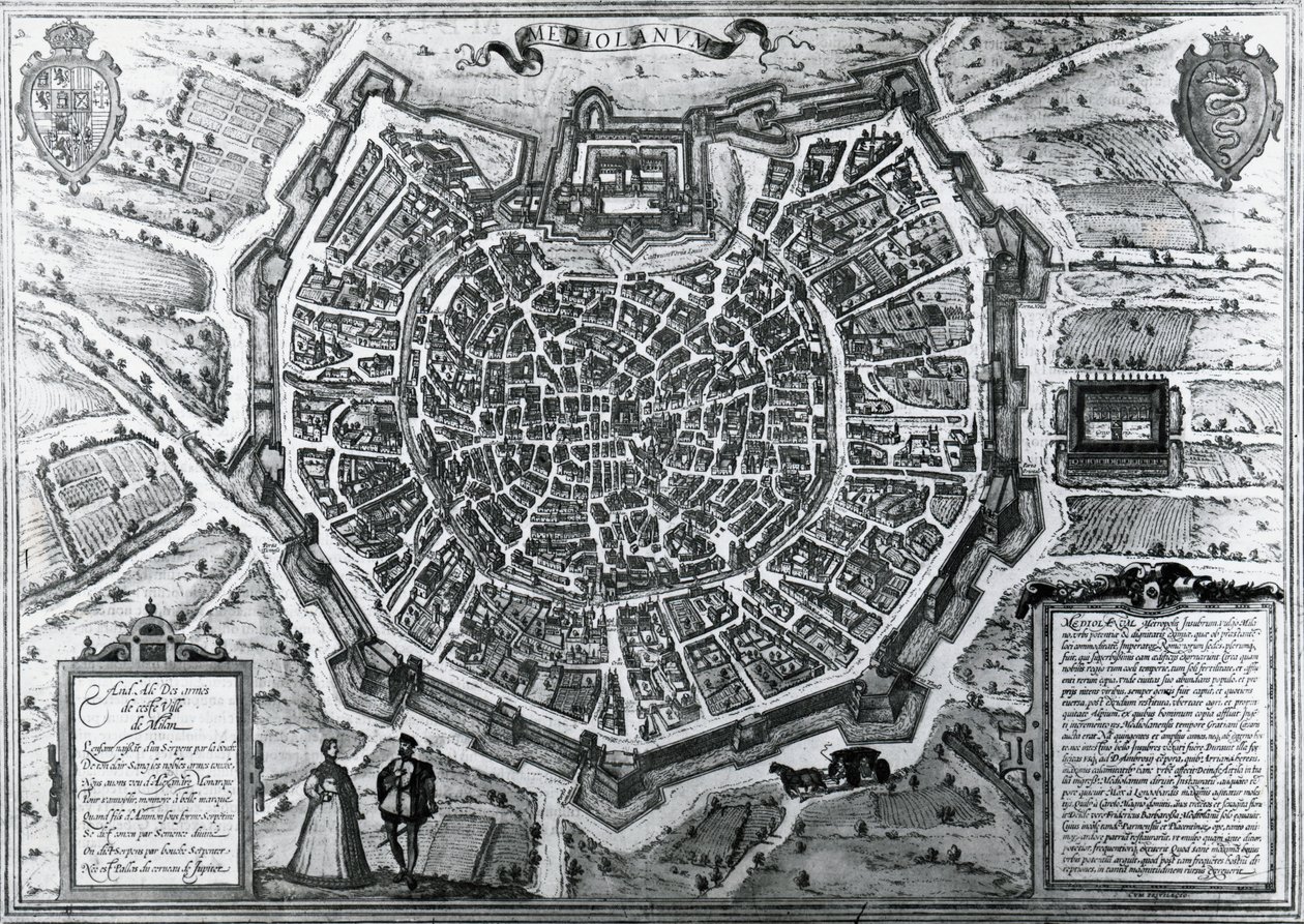 米兰城市地图，1572年，由安东尼奥-拉弗里（1512-1577）绘制，由乔治-布劳恩和弗朗茨-霍根伯格出版，意大利 作者 弗兰斯