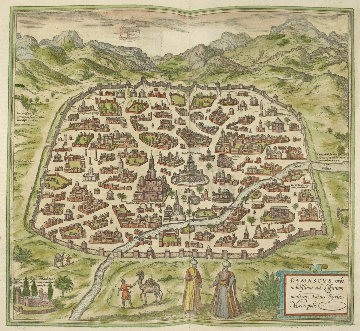 大马士革，选自 "Civitates Orbis Terrarum"（彩色版画） 作者 格奥尔格和霍根伯格弗朗茨布劳恩