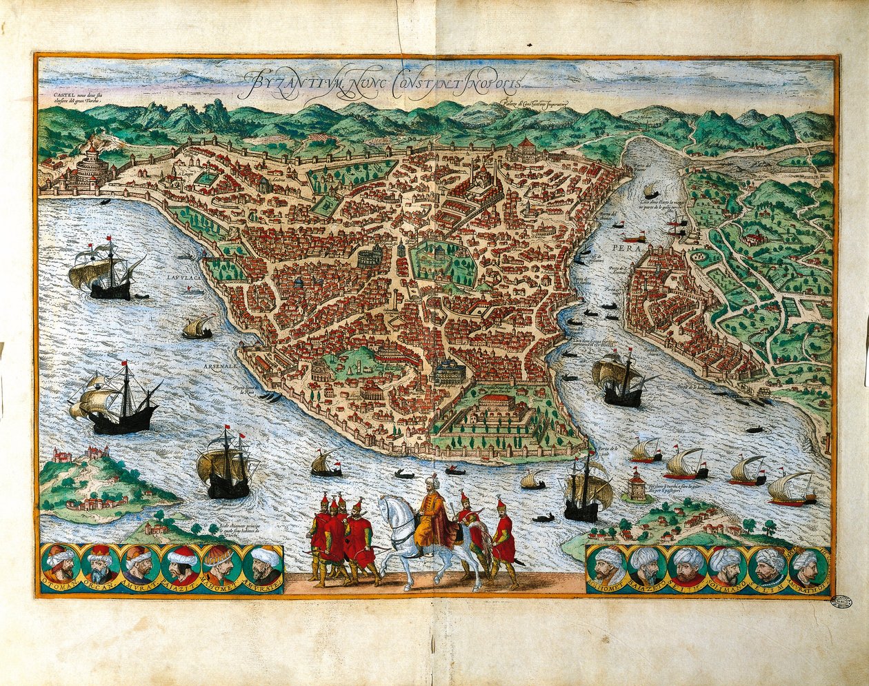意大利，米兰，乔治-布劳恩（1541-1622）和弗朗茨-霍根伯格（1535-1590）的君士坦丁堡市透视图，彩色雕版画 作者 弗兰斯
