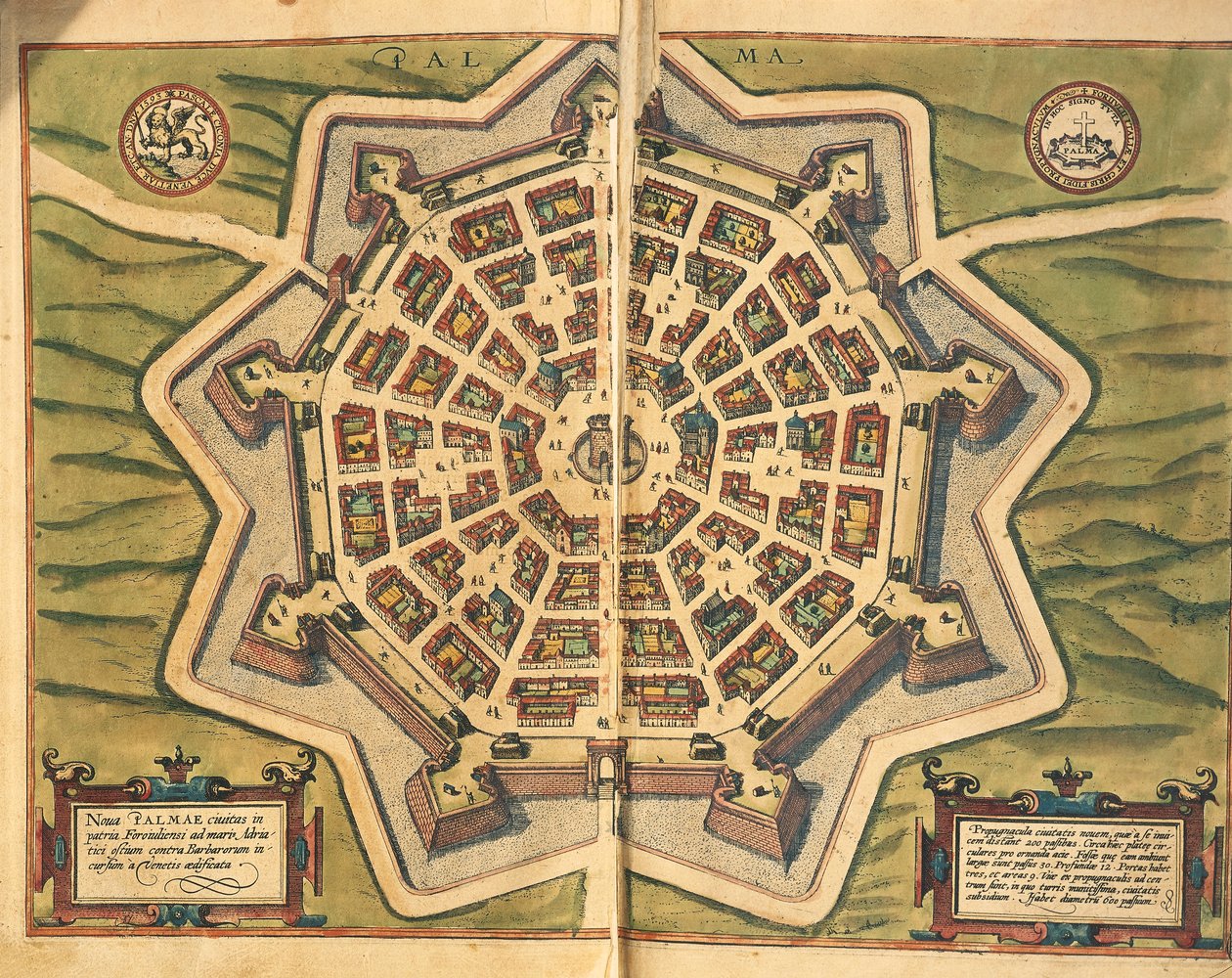 意大利，帕尔马诺瓦，地图，由活跃在科隆的Georg Braun和Franz Hogenberg雕刻自Civitates Orbis Terrarum。 作者 弗兰斯