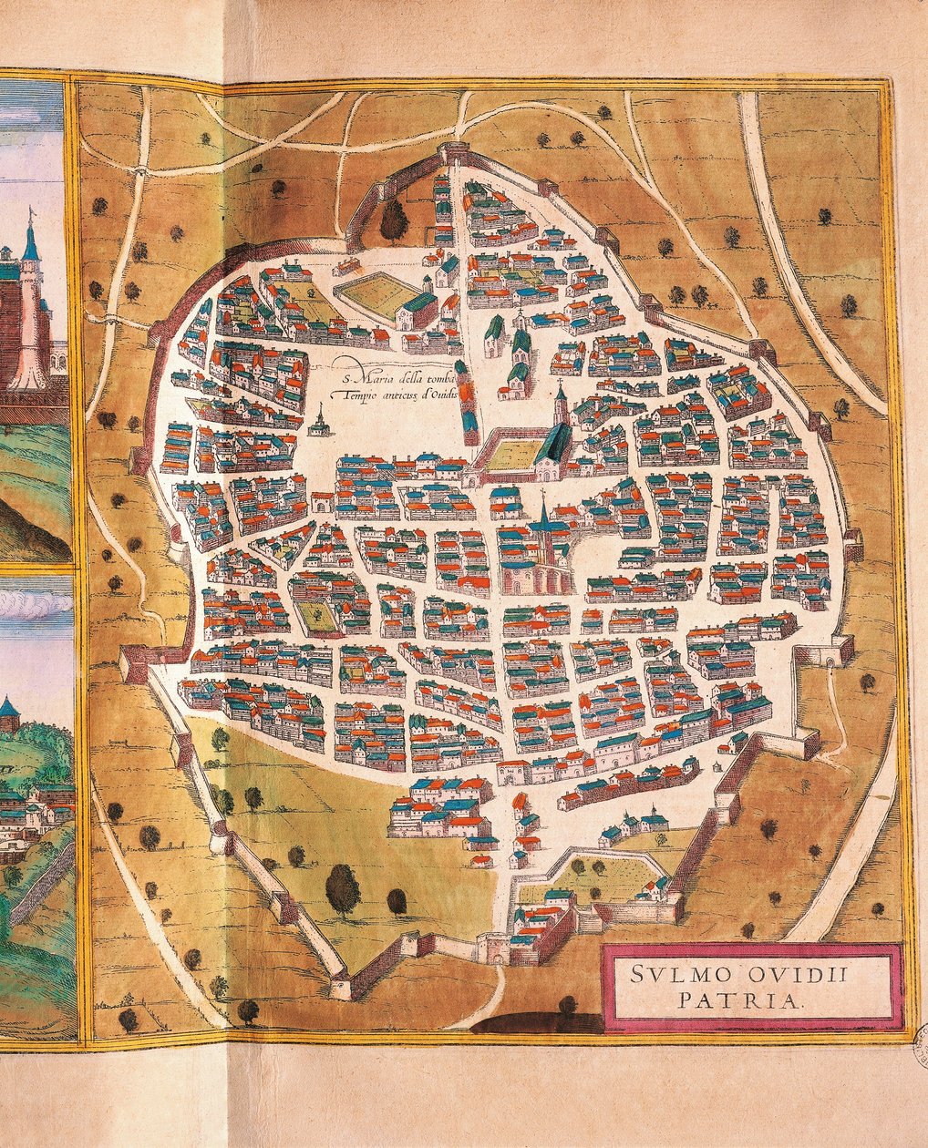 意大利，苏尔莫纳，苏尔莫纳市来自Georg Braun和Franz Hogenberg的Civitates Orbis Terrarum，雕刻版。 作者 弗兰斯