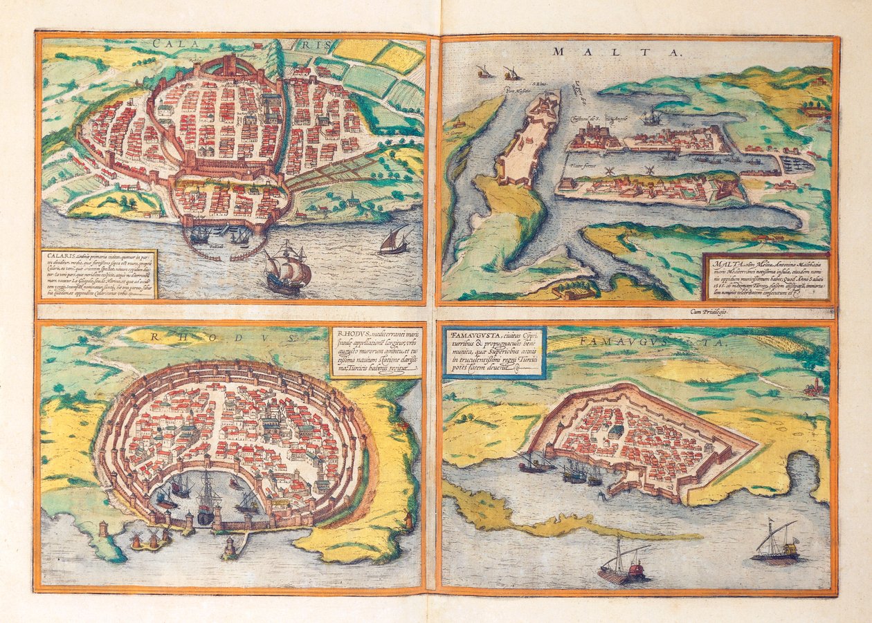 卡利亚里、马耳他、罗得岛和法马古斯塔的地图，来自Georg Braun的Civitates Orbis Terrarum。 作者 弗兰斯