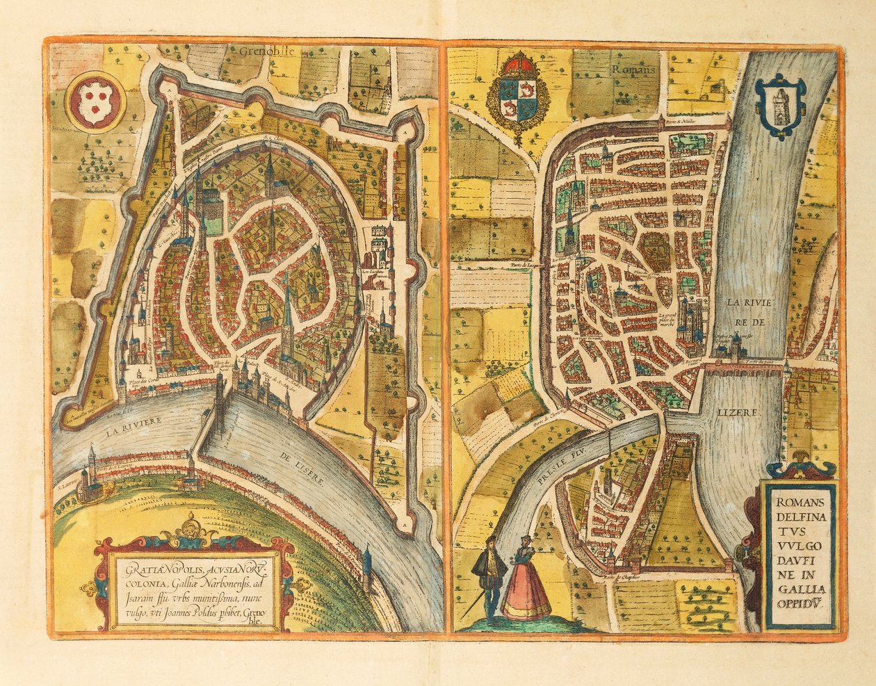 格勒诺布尔和勒芒地图，来自乔治-布劳恩的Civitates Orbis Terrarum。 作者 弗兰斯