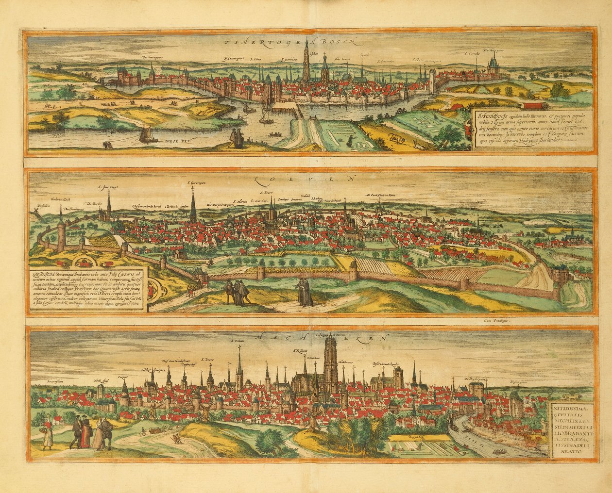 赫托根博斯、鲁汶和梅赫伦地图，来自乔治-布劳恩的Civitates Orbis Terrarum。 作者 弗兰斯