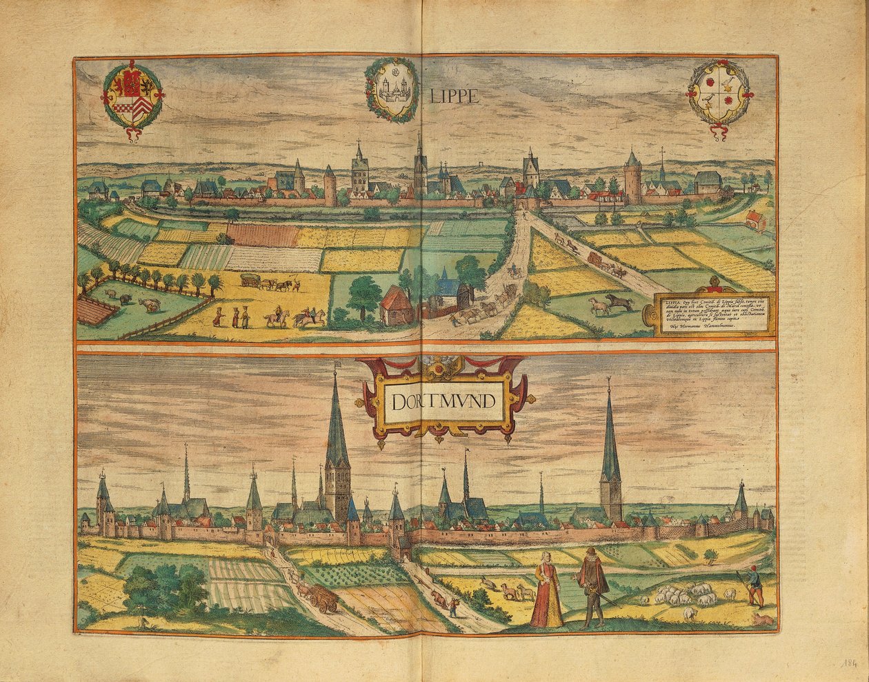 利珀和多特蒙德地图，来自乔治-布劳恩的Civitates Orbis Terrarum。 作者 弗兰斯