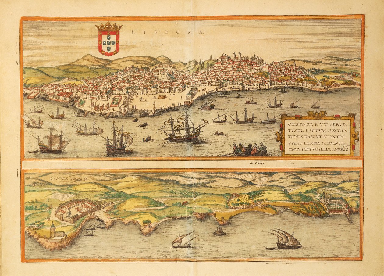 里斯本和卡斯卡伊斯地图，来自Georg Braun的Civitates Orbis Terrarum。 作者 弗兰斯