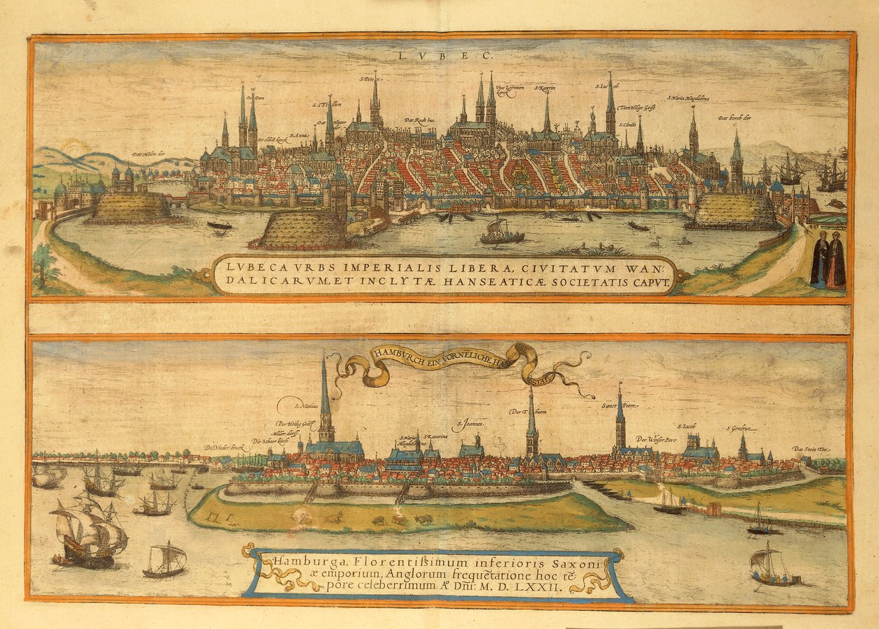吕贝克和汉堡地图，来自Georg Braun的Civitates Orbis Terrarum。 作者 弗兰斯