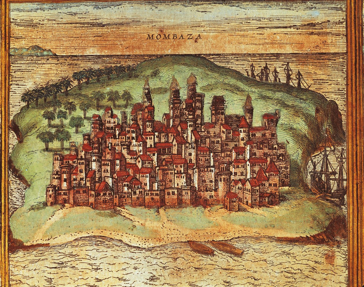 肯尼亚蒙巴萨地图，出自Georg Braun和Franz Hogenberg的Civitates Orbis Terrarum，雕版印刷。 作者 弗兰斯