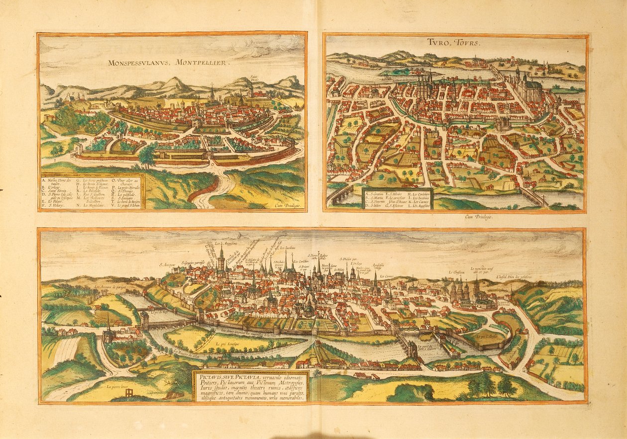 蒙彼利埃、图尔和普瓦捷的地图，来自Georg Braun的Civitates Orbis Terrarum。 作者 弗兰斯