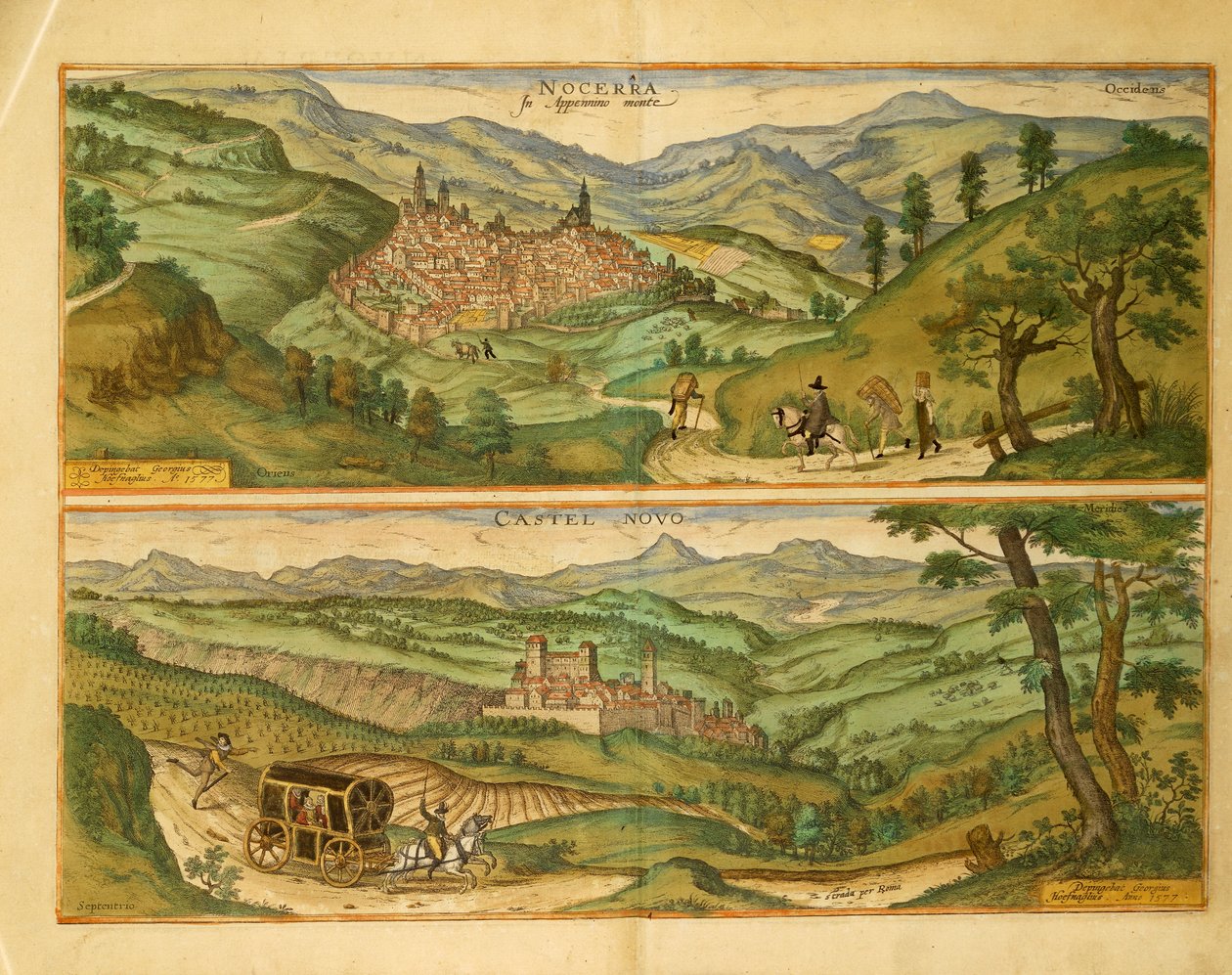 诺切拉和卡斯特尔诺沃的地图，来自乔治-布劳恩的Civitates Orbis Terrarum。 作者 弗兰斯