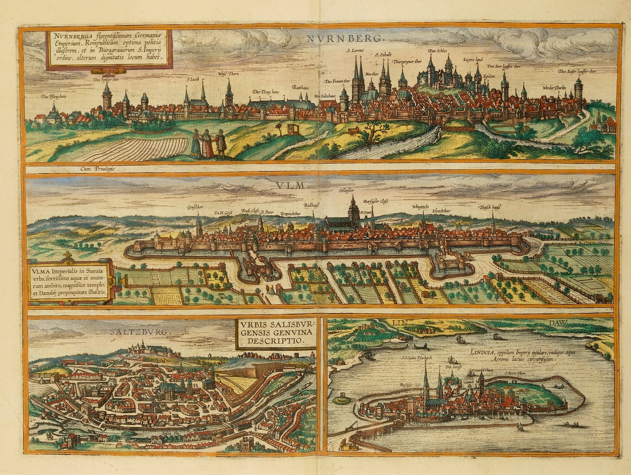 纽伦堡、乌尔姆、萨尔茨堡和林道的地图，来自乔治-布劳恩的Civitates Orbis Terrarum。 作者 弗兰斯