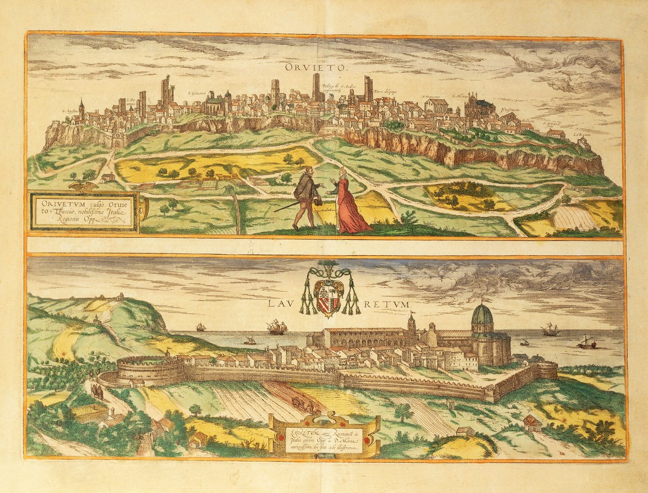 奥维多和洛雷托、翁布里亚和马尔凯地区的地图，来自Georg Braun的Civitates Orbis Terrarum。 作者 弗兰斯