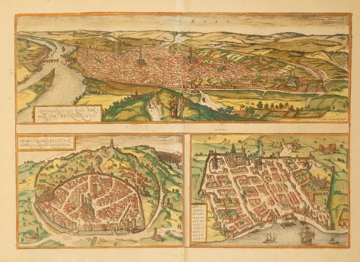 鲁昂、尼姆和波尔多地图，来自乔治-布劳恩的Civitates Orbis Terrarum。 作者 弗兰斯