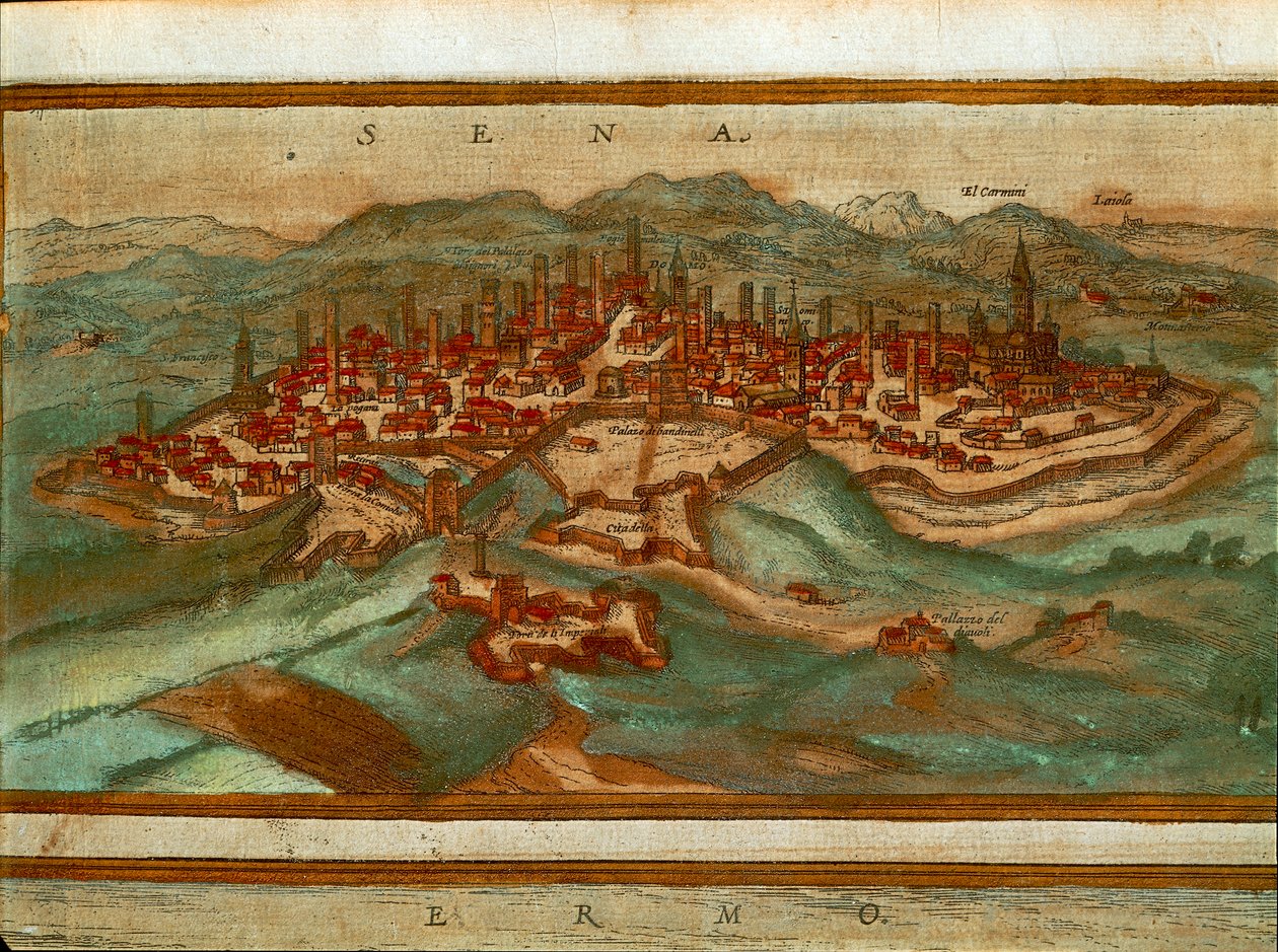 锡耶纳地图，来自Georg Braun的Civitates Orbis Terrarum。 作者 弗兰斯
