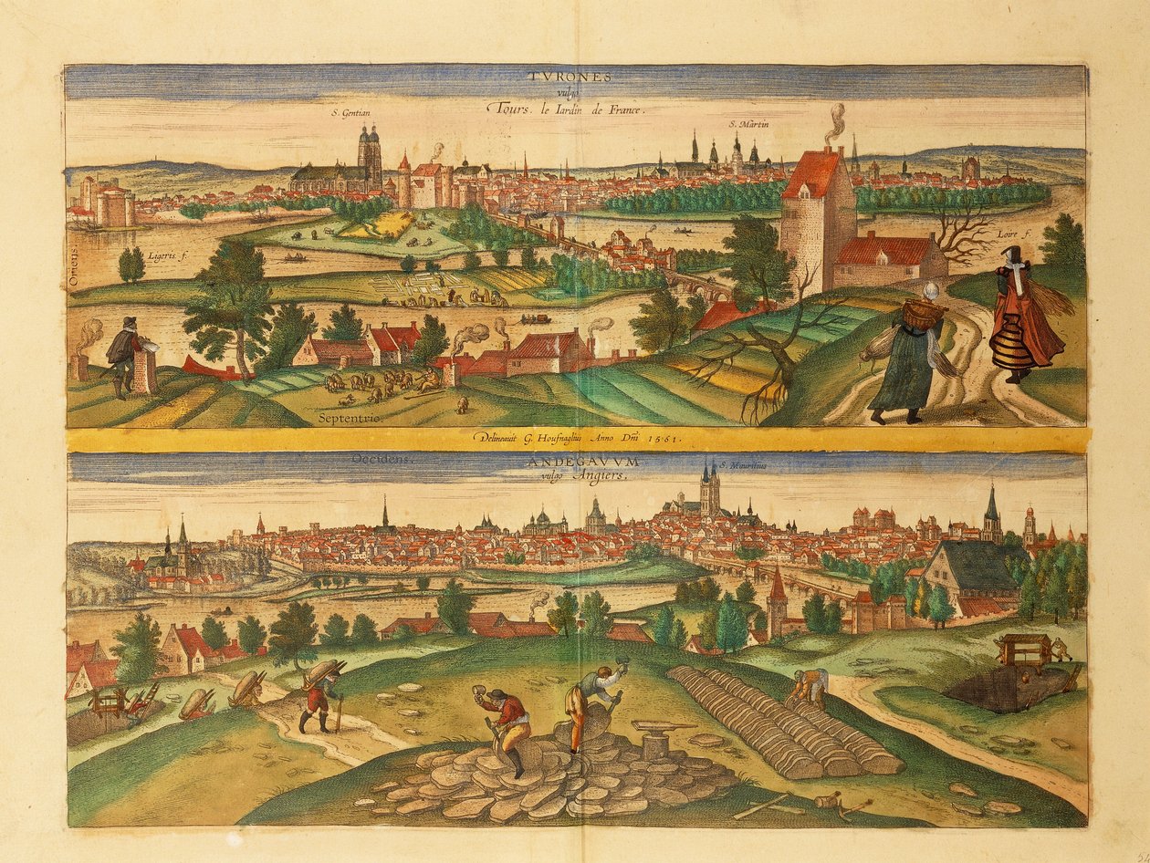 图尔和昂热地图，来自Georg Braun的Civitates Orbis Terrarum。 作者 弗兰斯