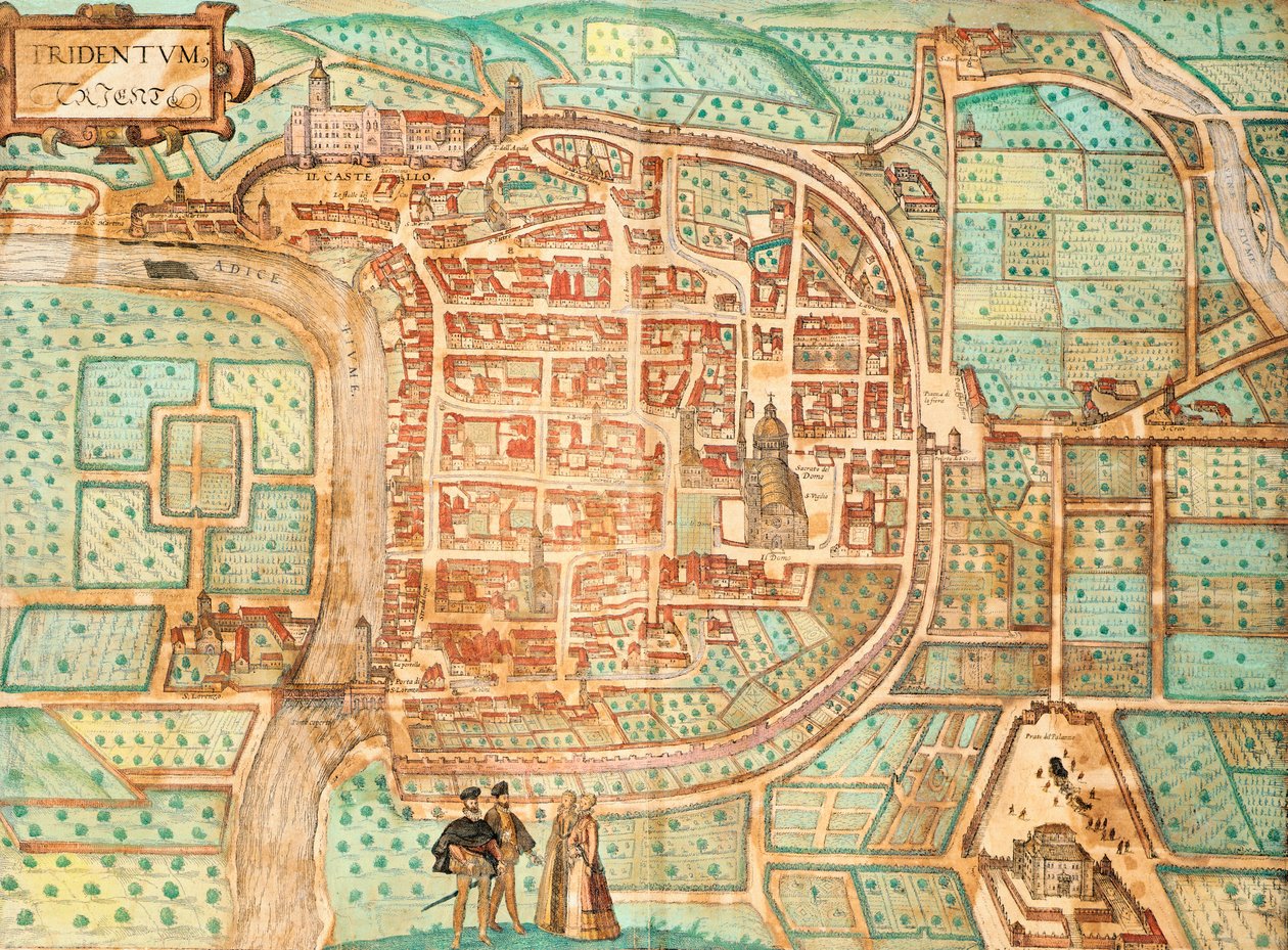 Tridentum（今天的特伦特）地图，由Georg Braun和Franz Hogenberg绘制，来自意大利Civitates Orbis Terrarum的彩色版画。 作者 弗兰斯