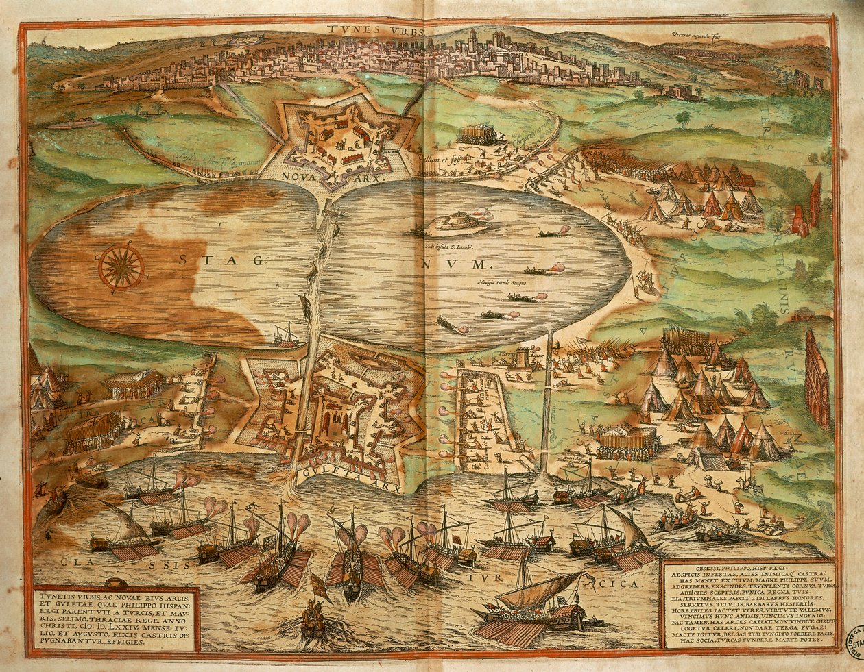 突尼斯的地图，来自Georg Braun和Franz Hogenberg的Civitates Orbis Terrarum，雕刻。 作者 弗兰斯