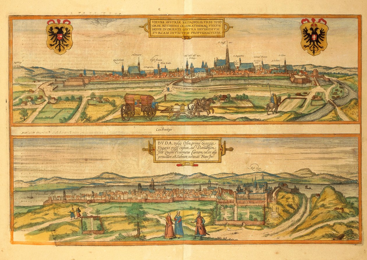 维也纳和布达地图，来自Georg Braun的Civitates Orbis Terrarum。 作者 弗兰斯