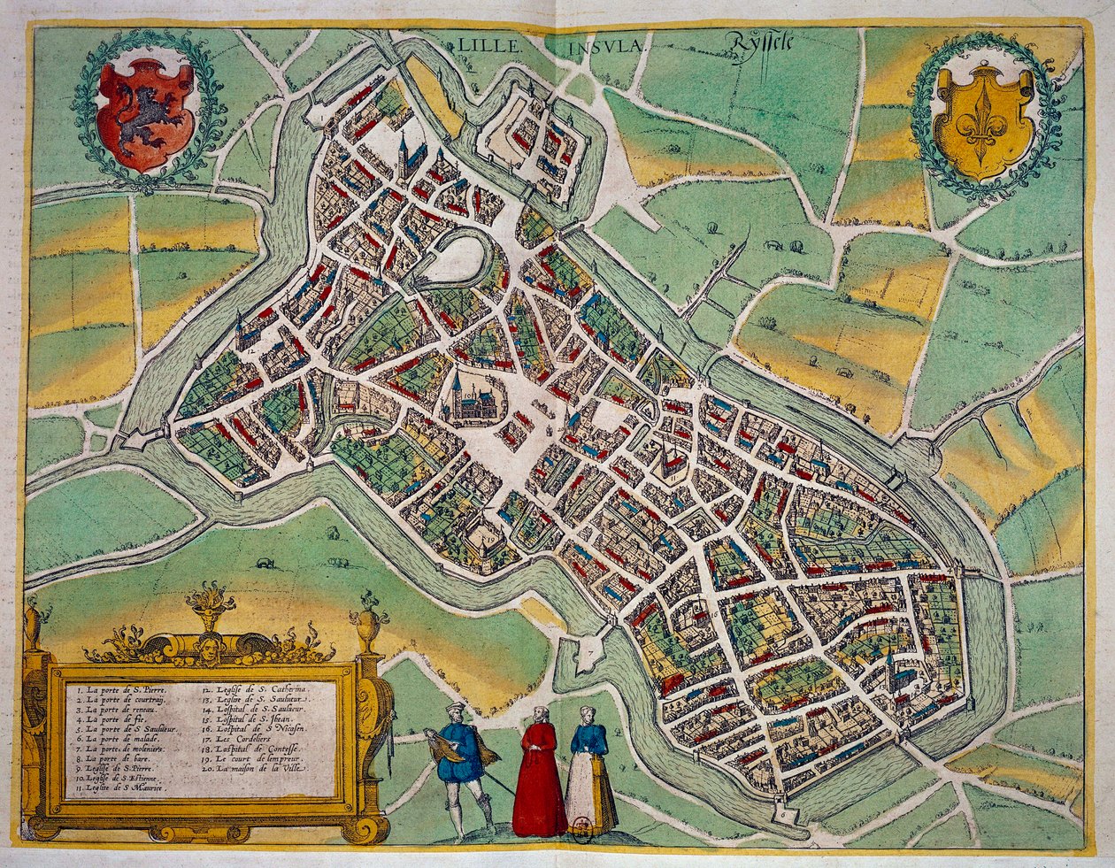 里尔市的地图来自乔治-布劳恩（1541-1622）和弗兰斯-霍根伯格（1535-1590）的 "Civitates Orbis Terrarum"，大约在1572-1617年。巴黎，B.N. 作者 弗兰斯