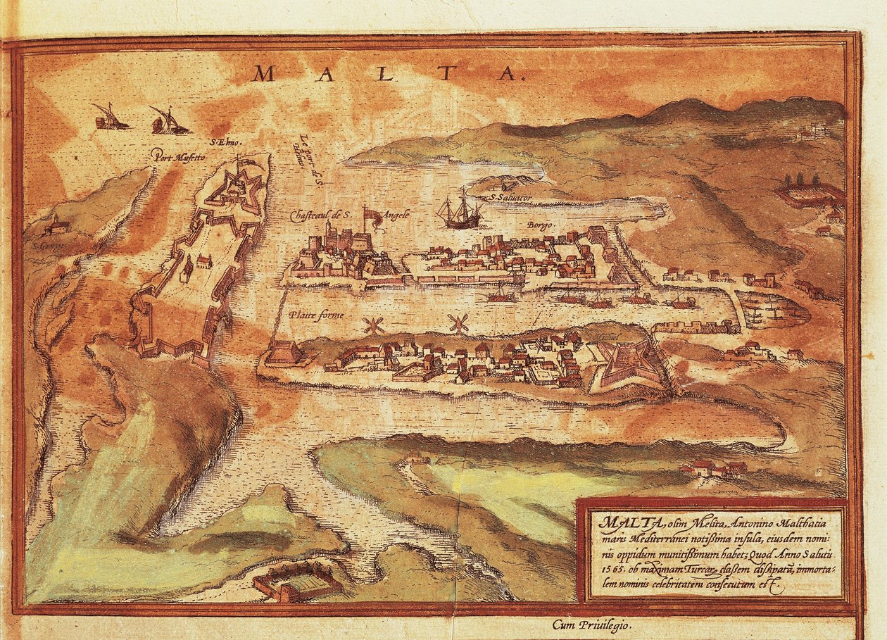 马耳他岛地图，摘自乔治-布劳恩的《Civitates Orbis Terrarum》。 作者 弗兰斯