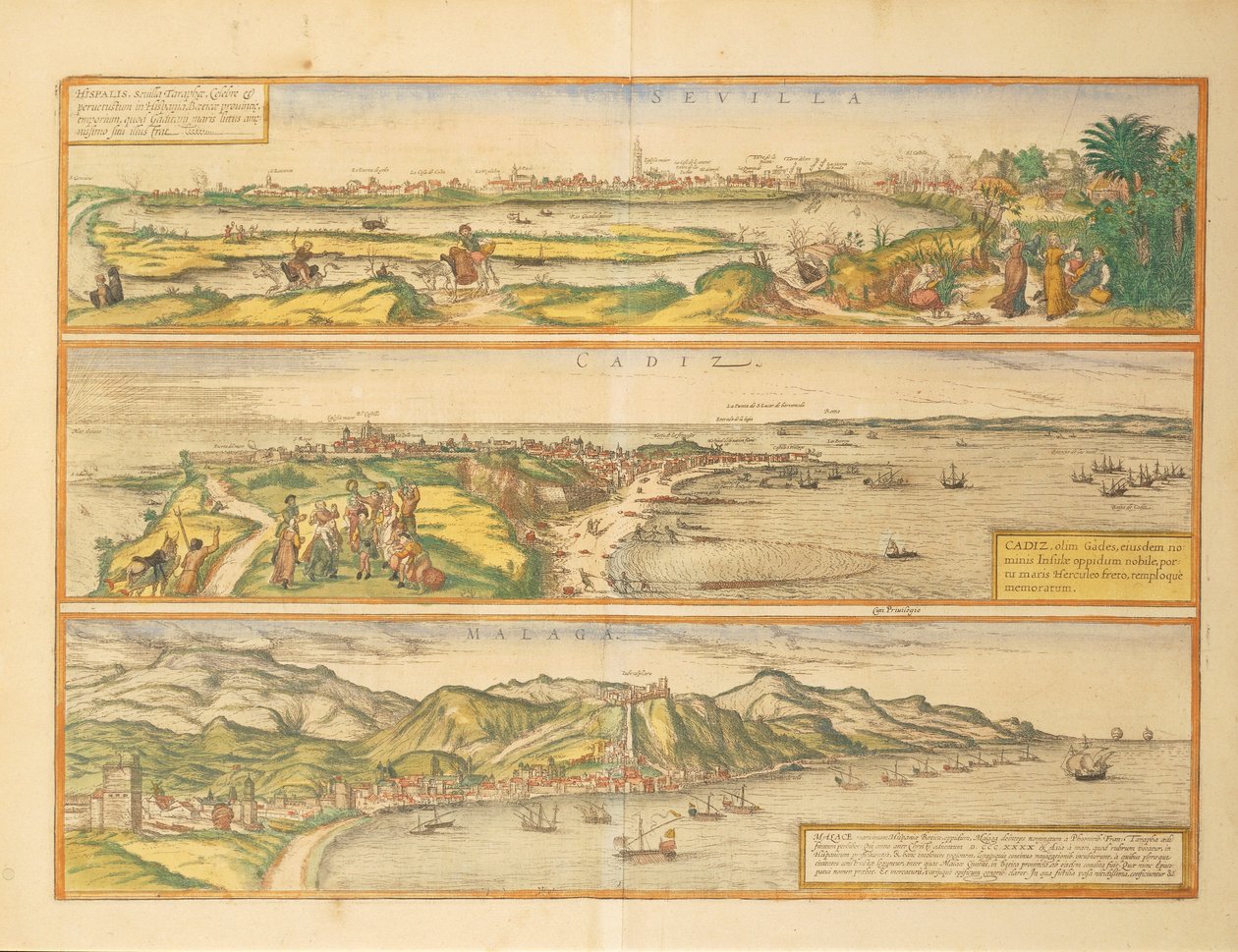 西班牙塞维利亚、加的斯和马拉加的地图，来自Georg Braun的Civitates Orbis Terrarum。 作者 弗兰斯