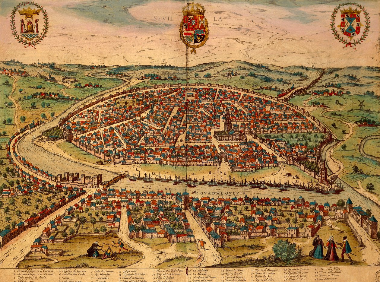 西班牙，塞维利亚，城市景观，来自乔治-布劳恩（1541-1622）和弗朗茨-霍根伯格（1535-1590）的Civitates Orbis Terrarum的彩色雕刻。 作者 弗兰斯