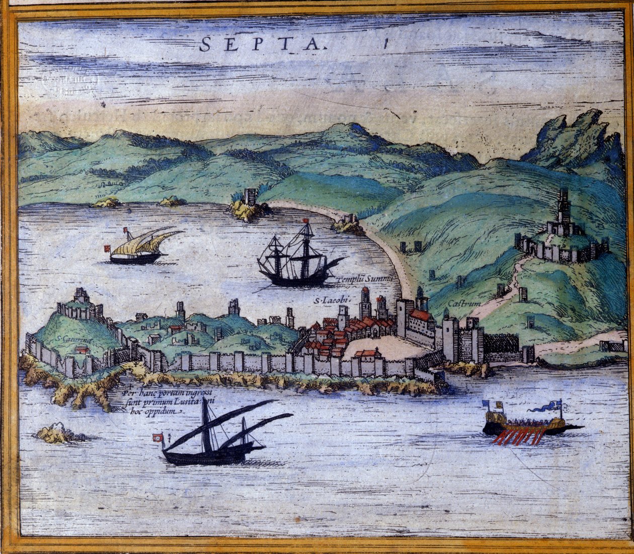 摩洛哥的休达，来自布劳恩和霍根伯格的地图集《Civitates Orbis Terrarum》。 作者 弗兰斯