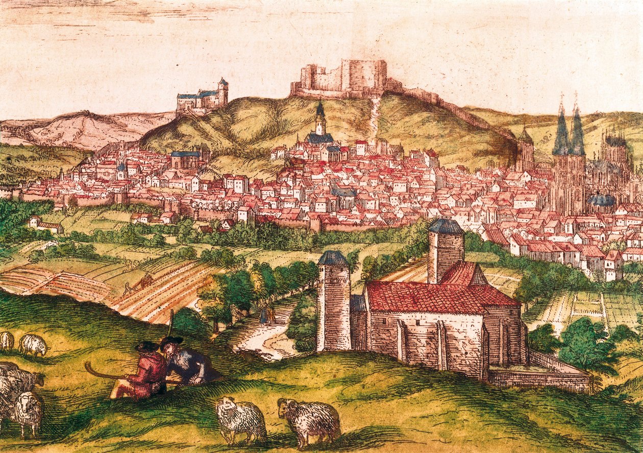 西班牙布尔戈斯市，前景是牧羊人和羊群（1576 年）。 在 Civitatis Orbis Terrarum 中雕刻， 作者 弗兰斯