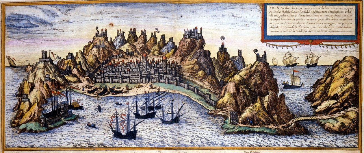 也门亚丁市的景色，来自布劳恩和霍根伯格的 "Civitates Orbis Terrarum "地图集。 作者 弗兰斯