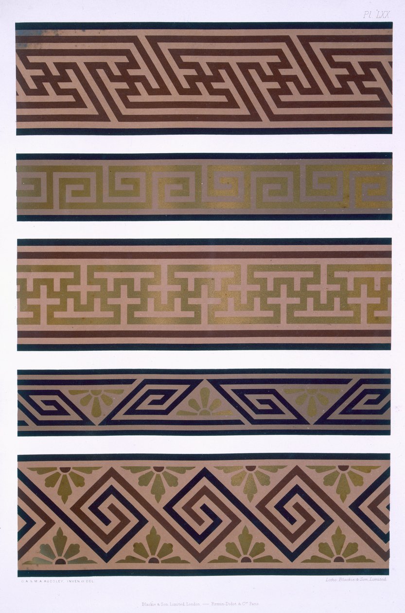 日本饰品：深色底饰金色的带子或边框，1892年出版的“实用装饰者和观赏者”中的LXX版 作者 
