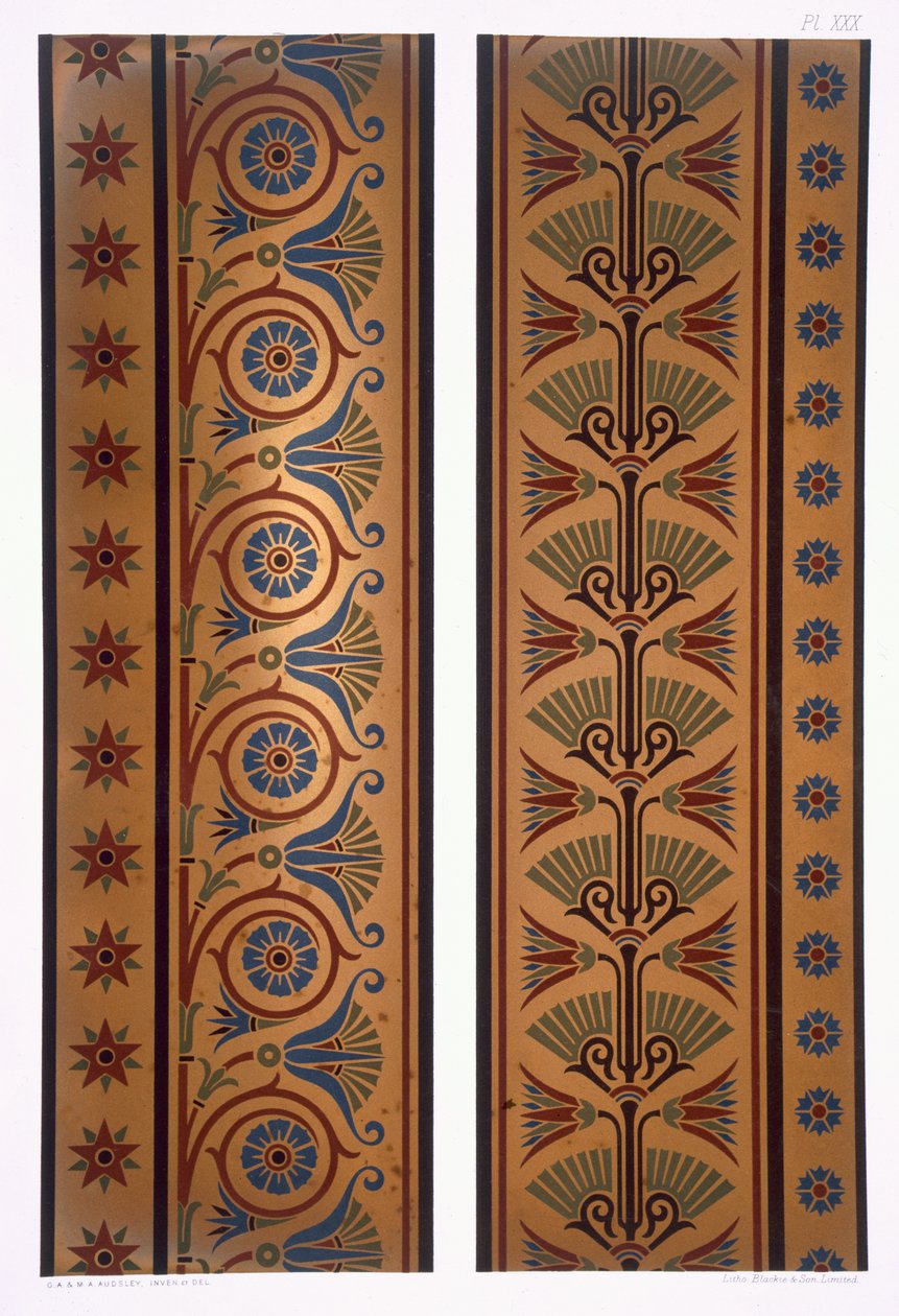 金色地面上的深色垂直条纹或边框，来自&39;The Practical Decorator and Ornamentalist&39;的XXX版，于1892年出版 作者 乔治·阿什当·奥兹利