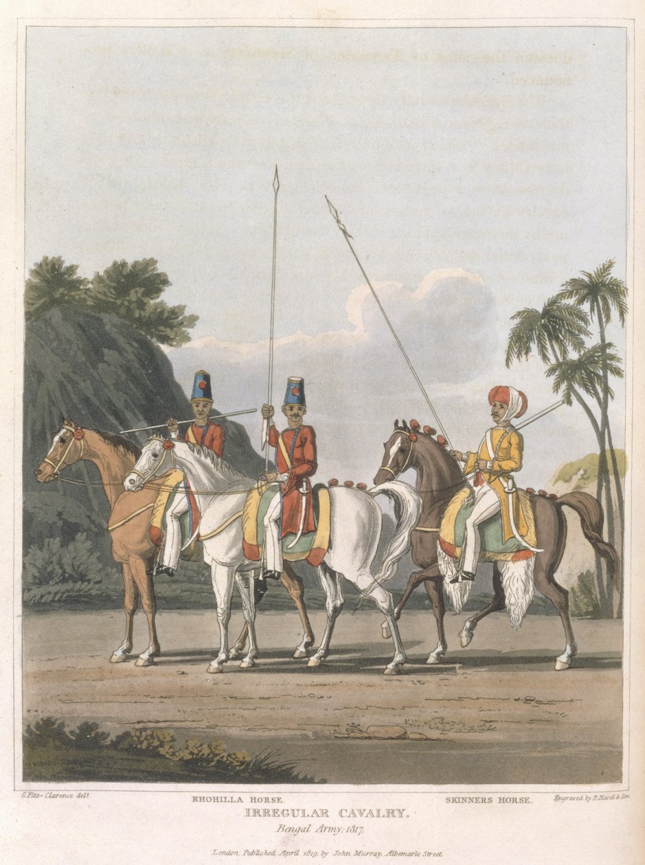 不规则骑兵，孟加拉军1817年，从印度，穿越埃及到英格兰的“一条路线的杂志”中的第5块板，由R. Havell和Son，酒吧雕刻。 1819年（aquatint） 作者 乔治·奥古斯都·菲茨克拉伦斯