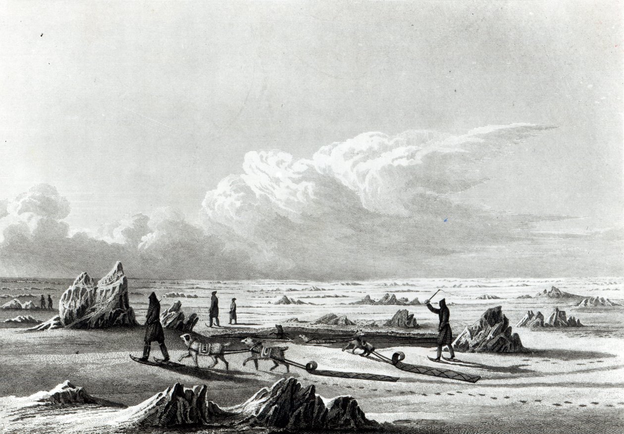 冬季在Great Salave湖上旅行，从&39;极地之海&39;，由Edward Finden（1791-1857）刻 作者 乔治·贝克