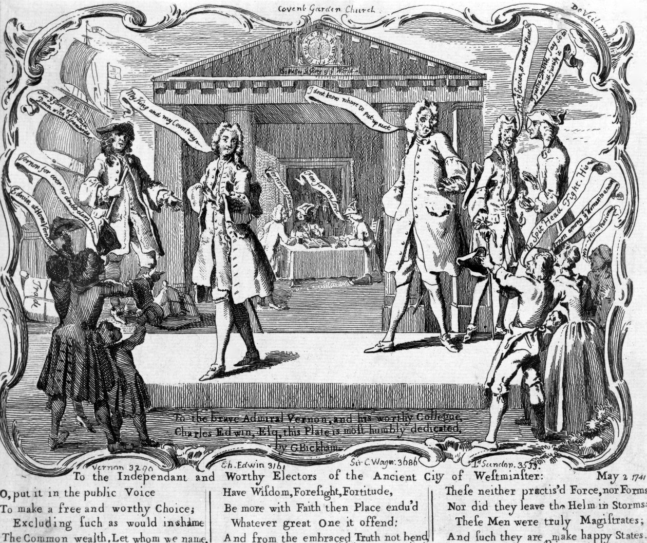 讽刺威斯敏斯特选举与候选人在1741年圣保罗门廊，考文特花园的喧嚣 作者 乔治·比克汉姆