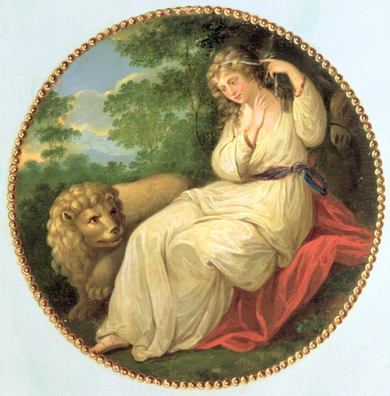 Una和狮子，设计取自托马斯·伯克（1749-1807）的1783年版画，由Angelica Kauffman（1741-1807）拍摄，是乔治三世马桶的三个装饰奖章之一，1790（小组） 作者 乔治·布鲁克肖