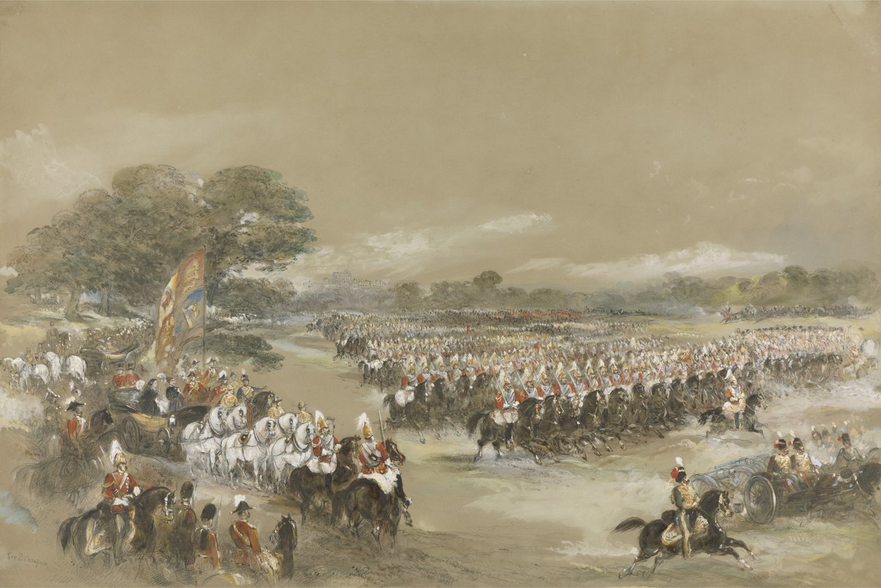 1868年6月26日，温莎，维多利亚女王和埃及的Khedive Ismail Pashe的皇家评论（wc，水粉和黑色粉笔） 作者 乔治·布莱恩特·坎皮恩