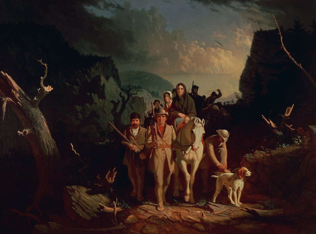 丹尼尔·布恩（Daniel Boone）在1851年至1852年间通过坎伯兰峡谷（Cumberland Gap）护送定居者 作者 乔治·卡勒布·宾汉