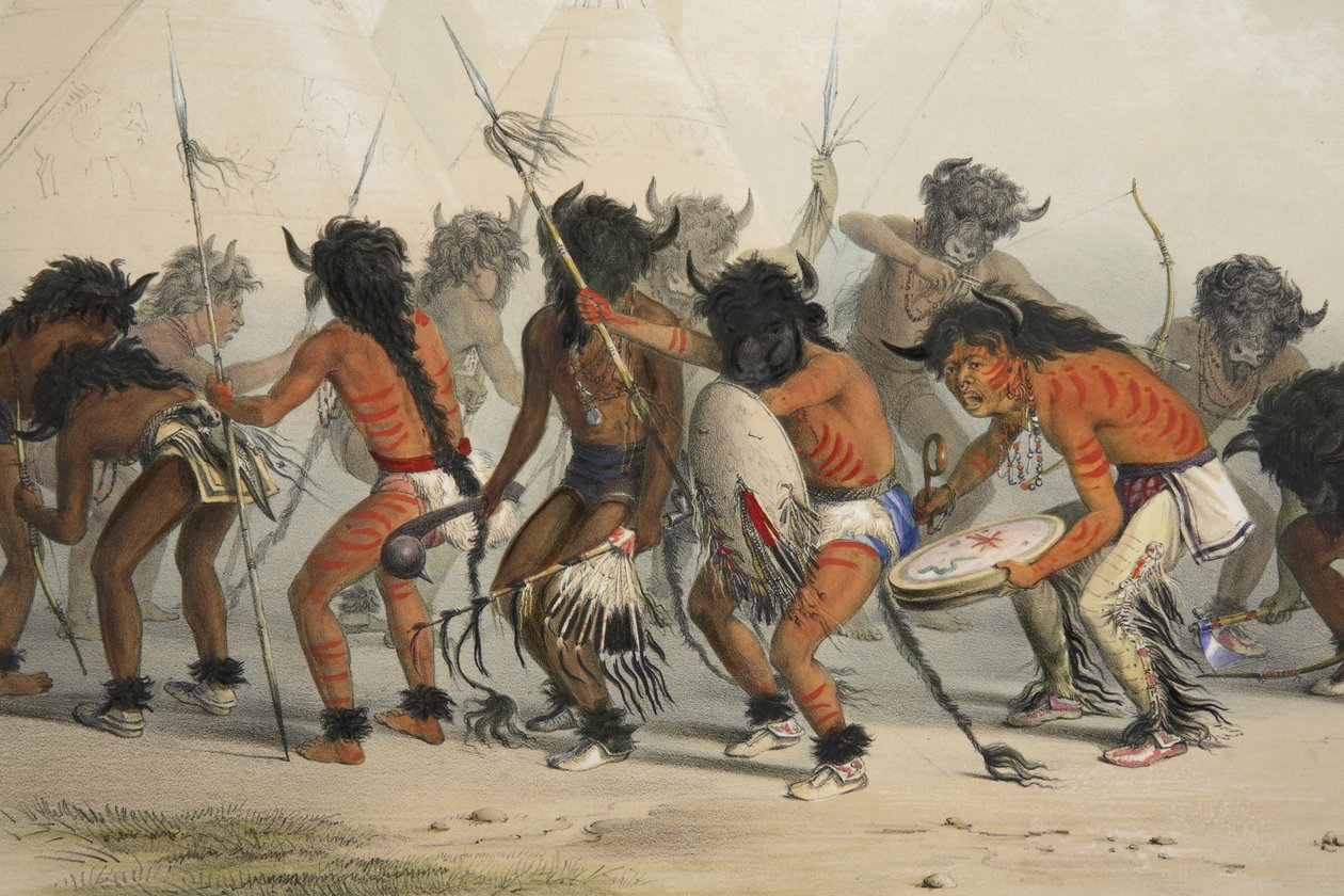 Buffalo Dance（细节），来自Catlins North American Indian Portfolio。美国落基山脉和大草原的狩猎场景和娱乐，酒吧。 1845年 作者 乔治·卡特琳