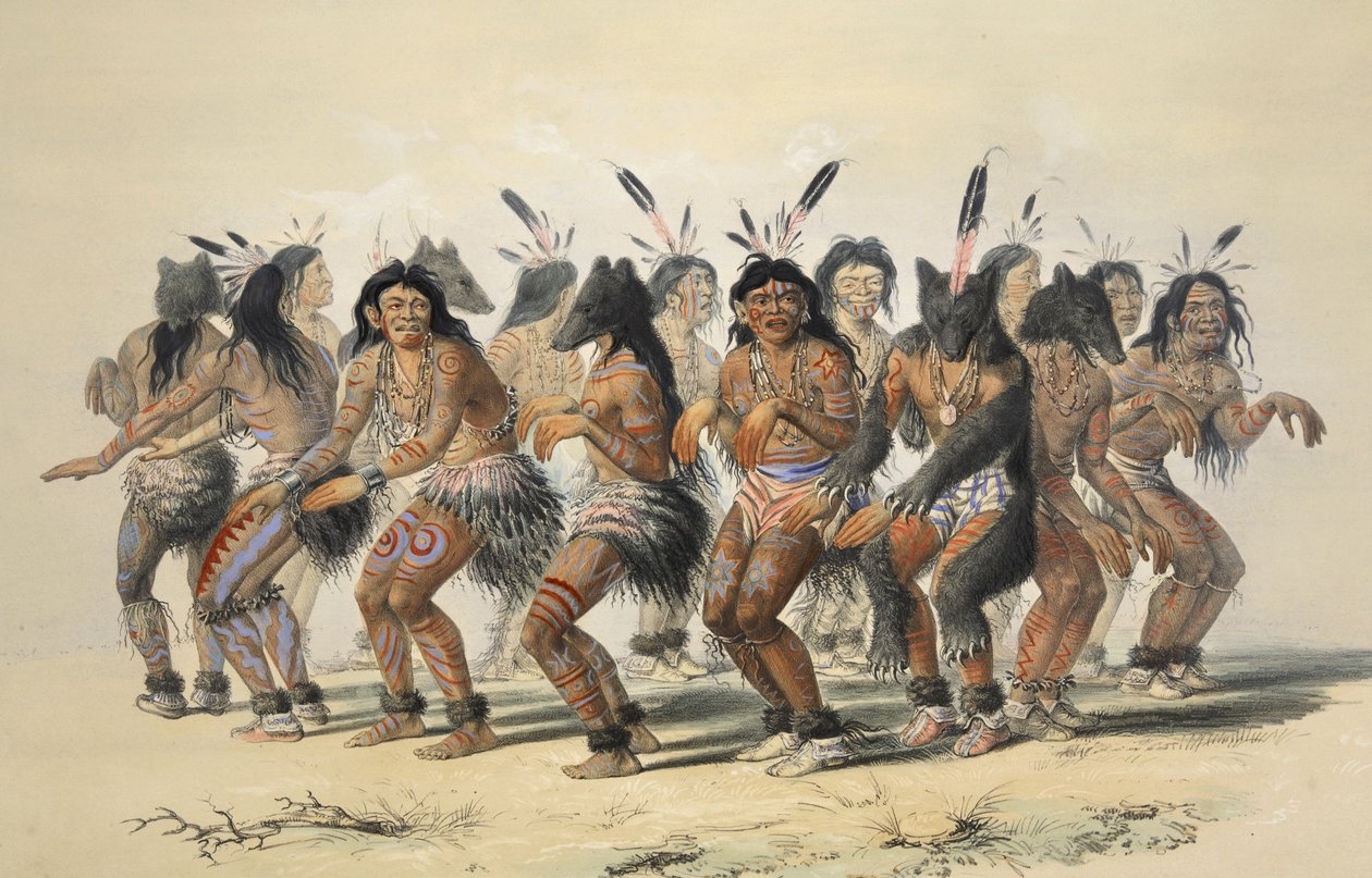 Bear Dance（细节），来自Catlins North American Indian Portfolio。美国落基山脉和大草原的狩猎场景和娱乐，酒吧。 1845年 作者 乔治·卡特琳