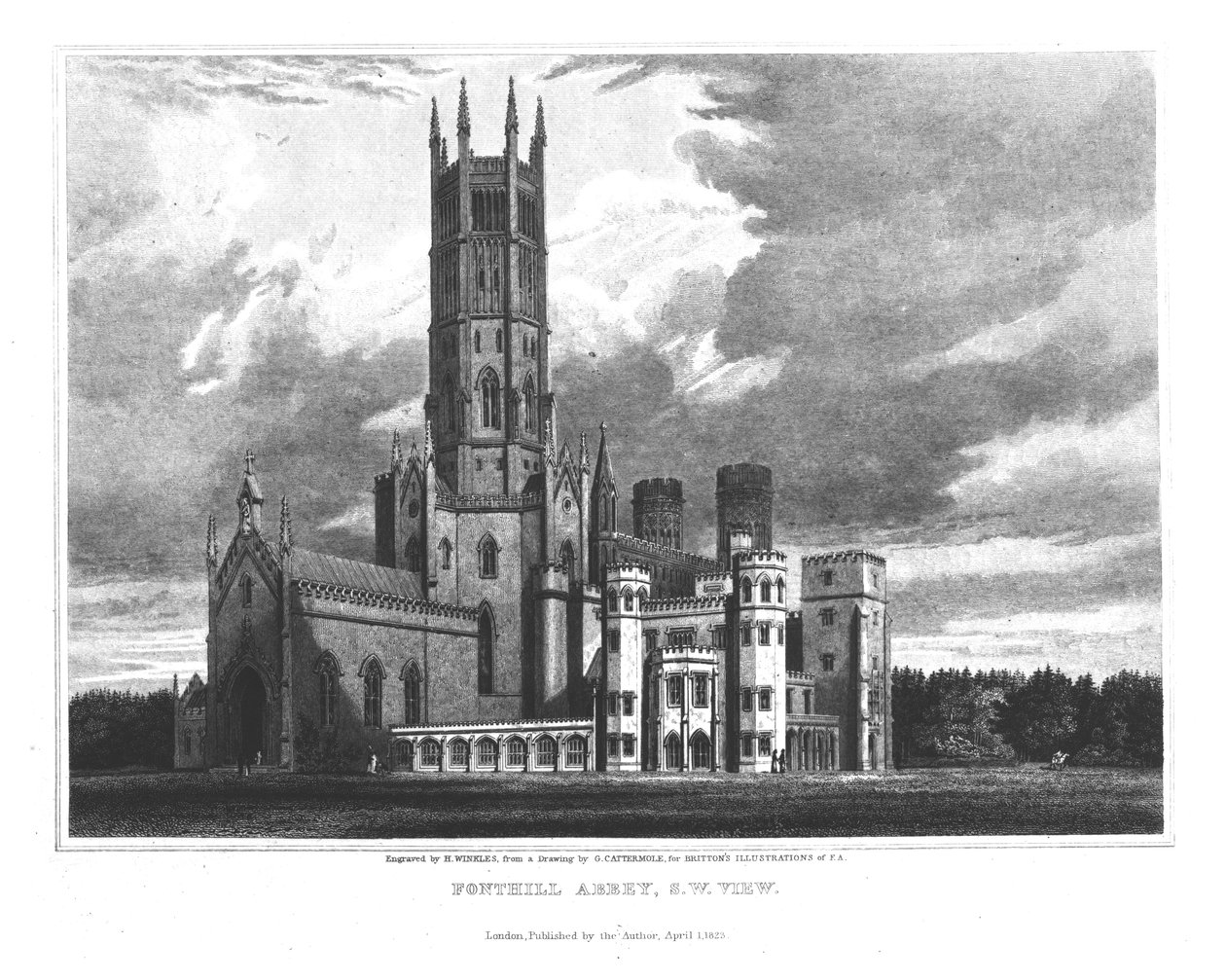 来自西南的Fonthill Abbey，来自John Britton的“Fonthill Abbey的图形和文学插图”，由H. Winckles雕刻，1823年 作者 乔治·卡特莫尔