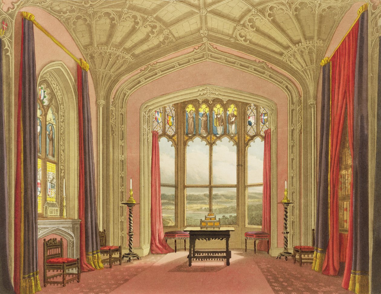圣迈克尔画廊的南端，来自John Britton的“Fonthill Abbey的图形和文学插图”，1823年由M. Dubourg雕刻（彩色雕刻） 作者 乔治·卡特莫尔