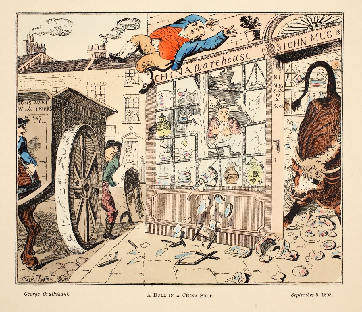公牛在中国商店，酒吧。 1808年（手工雕刻） 作者 乔治·克鲁克申克