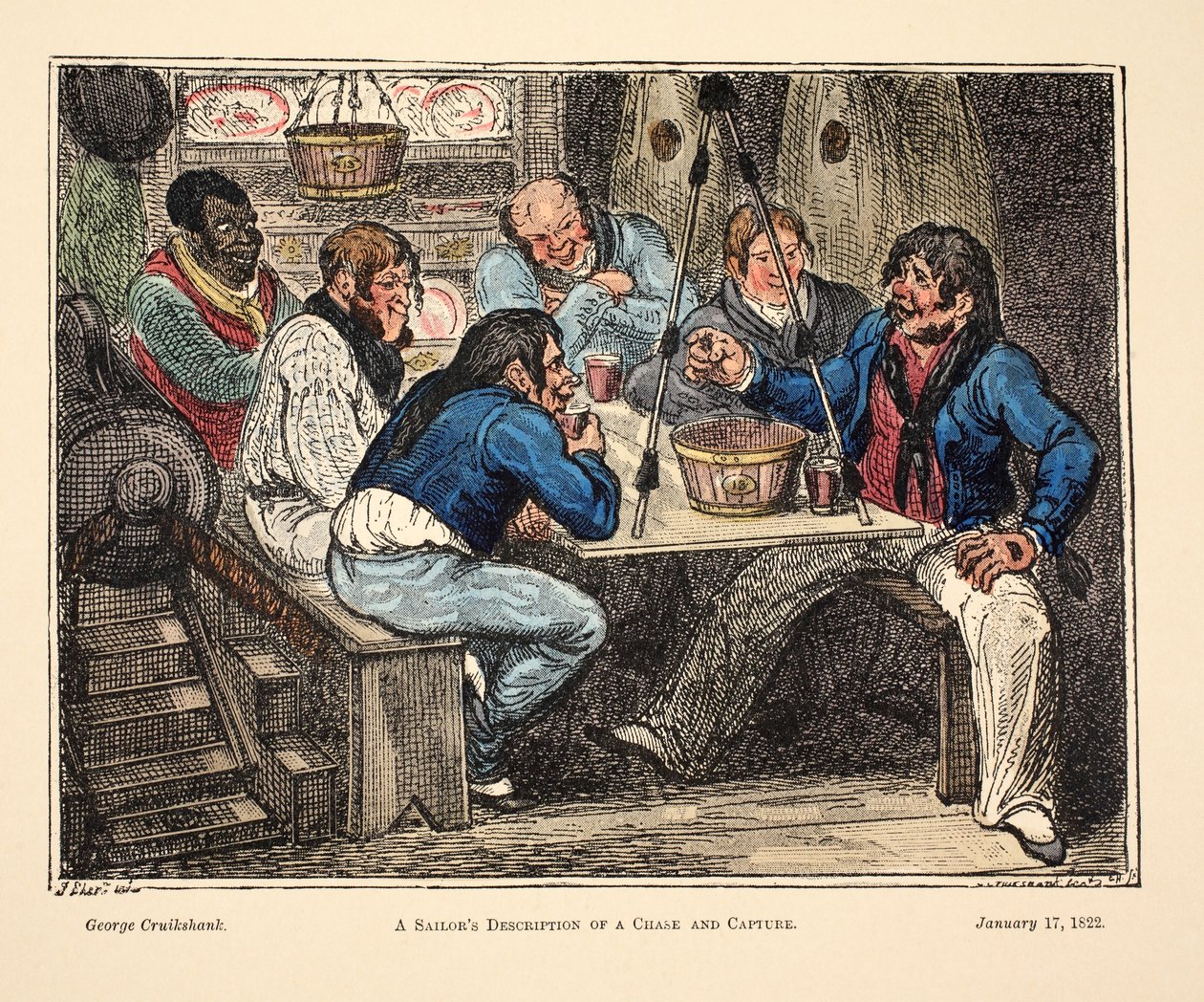 一个水手的追逐和捕获描述，酒吧。 1822年（手工彩色雕刻） 作者 乔治·克鲁克申克