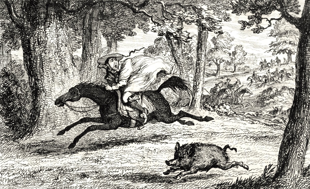 Belue的红衣主教John追逐野猪，来自Walter Scott爵士（1771-1832）的&39;Quentin Durward&39;插图于1845年出版 作者 乔治·克鲁克申克