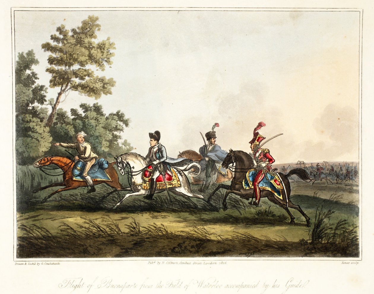 从滑铁卢领域的Buonaparte飞行伴随着他的导游，工作者Rouse，酒吧H. Colburn，1816年 作者 乔治·克鲁克申克