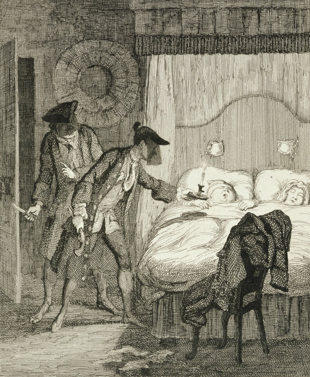 杰克和他的同谋布鲁斯金在他们的卧室里抢劫伍德先生和他的妻子，1839年出版的威廉哈里森安斯沃思的“杰克谢泼德：浪漫”插图 作者 乔治·克鲁克申克