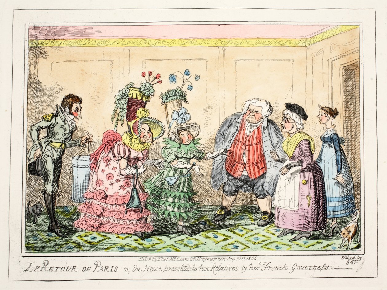 Le Retour de Paris，或者侄女，她的法国政府，酒吧向她的亲戚赠送。 1835年（手工着色蚀刻） 作者 乔治·克鲁克申克