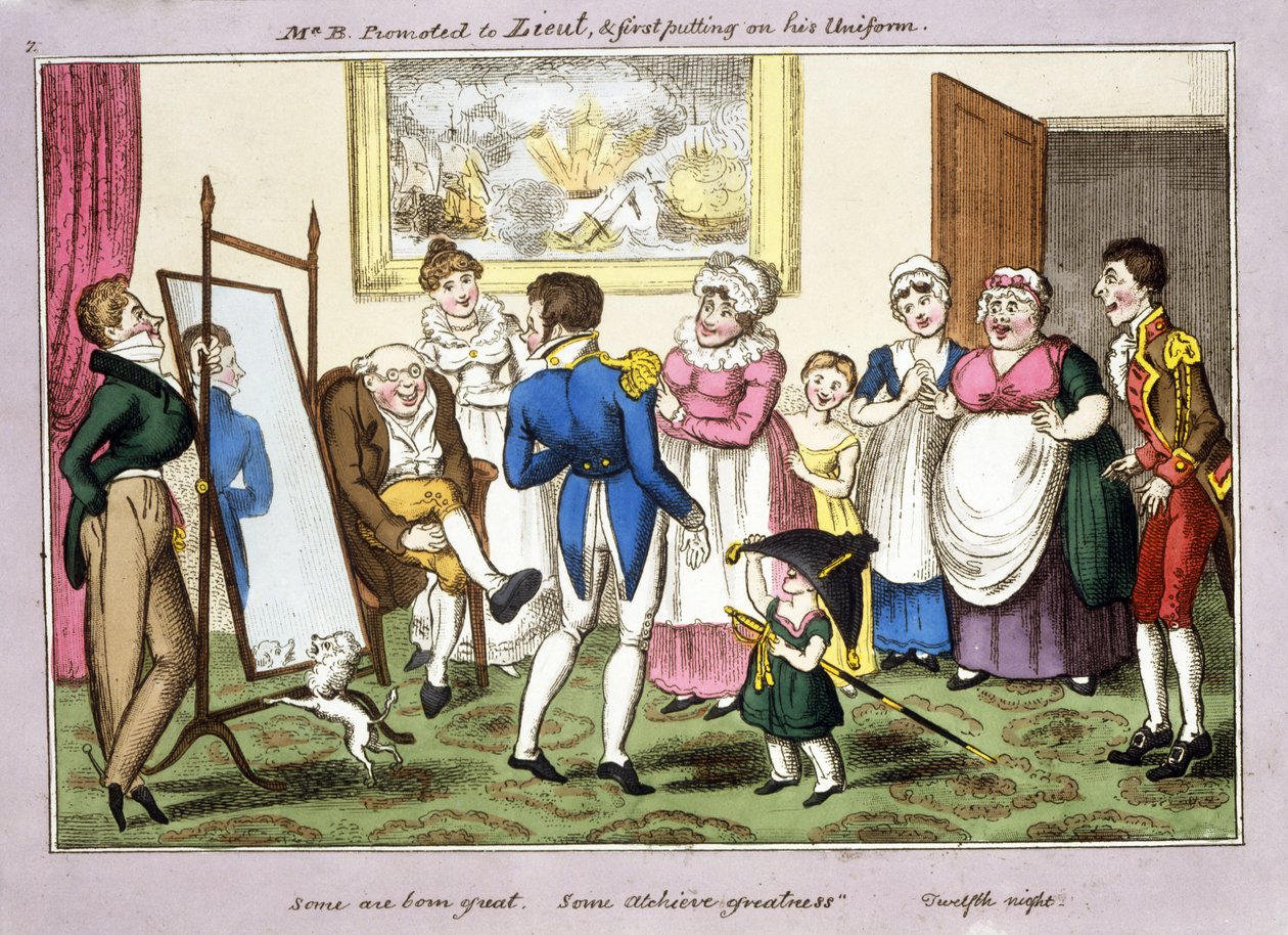 B.先生晋升为Lieut。并且首先穿上他的制服，1835年（手工色的aquatint） 作者 乔治·克鲁克申克